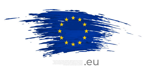 istock European union flag. Brush strokes, grunge. Colored stripes EU flag on a white background. Vector stylized poster eu, banner, cover design, template. Place for text. Copy space. Illustration 1738886008