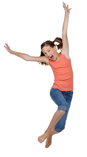 istock Young girl jumping for joy on white background 173889254