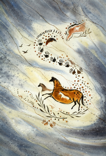 These watercolor cave art ponies hand painted by me, were inspired by ancient Paleolithic cave paintings. A metaphor of power and freedom, the horse symbolizes heightened energy and vitality.