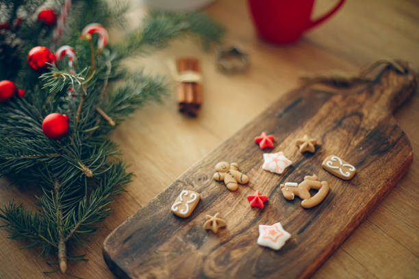 Baking cookies background. Gingerbread cookies flat lay