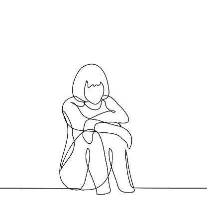 woman sitting on the floor with her hands on her knees - one line art vector. concept sit sad, loneliness, tiredness