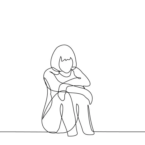 Vector illustration of woman sitting on the floor with her hands on her knees - one line art vector. concept sit sad, loneliness, tiredness