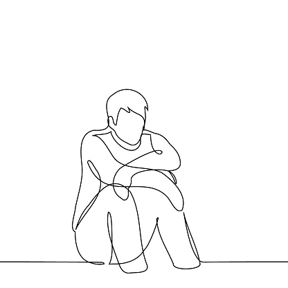 man sitting on the floor with his hands on knees - one line art vector. concept sit sad, loneliness, tiredness