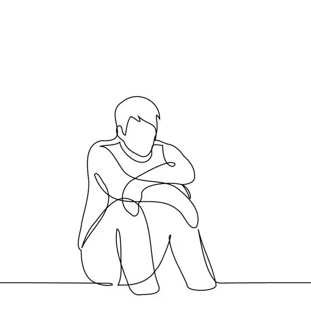 Vector illustration of man sitting on the floor with his hands on knees - one line art vector. concept sit sad, loneliness, tiredness