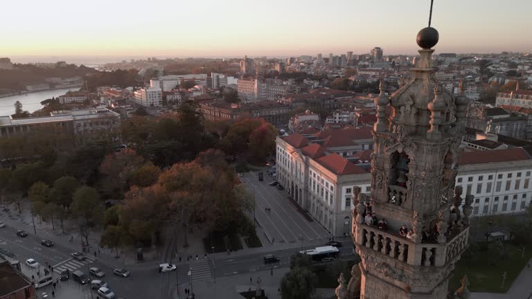 Aerial View of Historic Landmark Clerigos Tower at Sunset in Porto (Oporto), Portugal