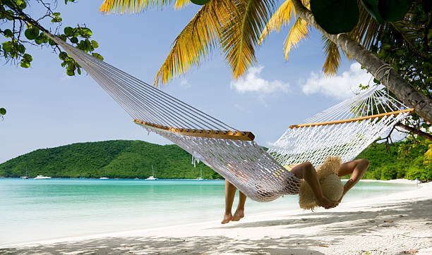 istock woman relaxing in a hammock at the beach 173889867