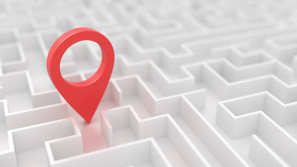 istock Red map pointer in labyrinth maze. GPS place marker helped find a optimal route. Concept for confusion and solution. 3d illustration 1738904208