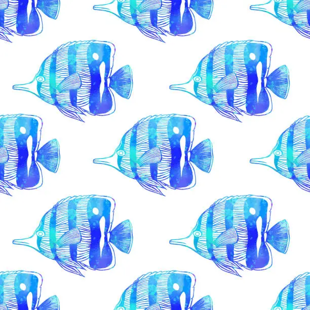 Vector illustration of Blue Watercolor Tropical Fish Seamless Pattern Background. Sealife, Coastal, Tropical Design Element.