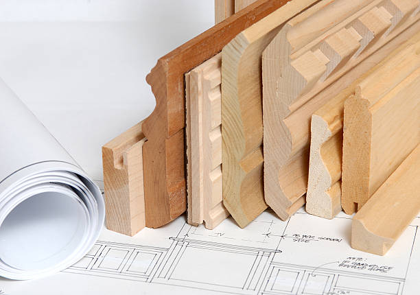 istock Stacked shelving and molding with blueprints  173890688