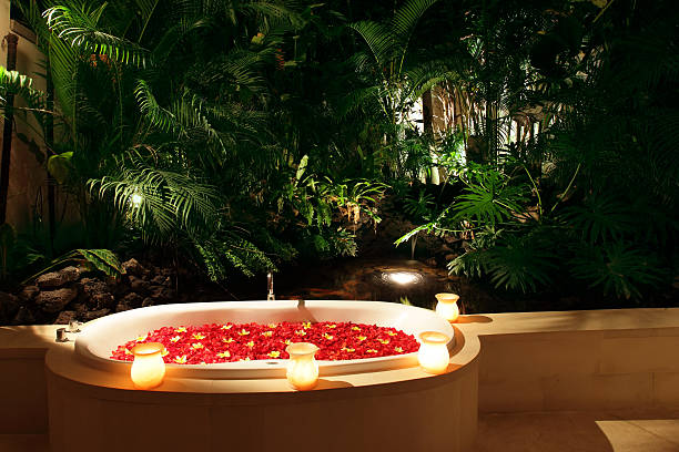 Romantic bath and tropical garden (XXXL) stock photo