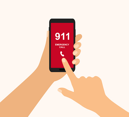 Smartphone With Emergency Call On Screen. Human Hand Holding Smartphone And Dialing Emergency Number 911