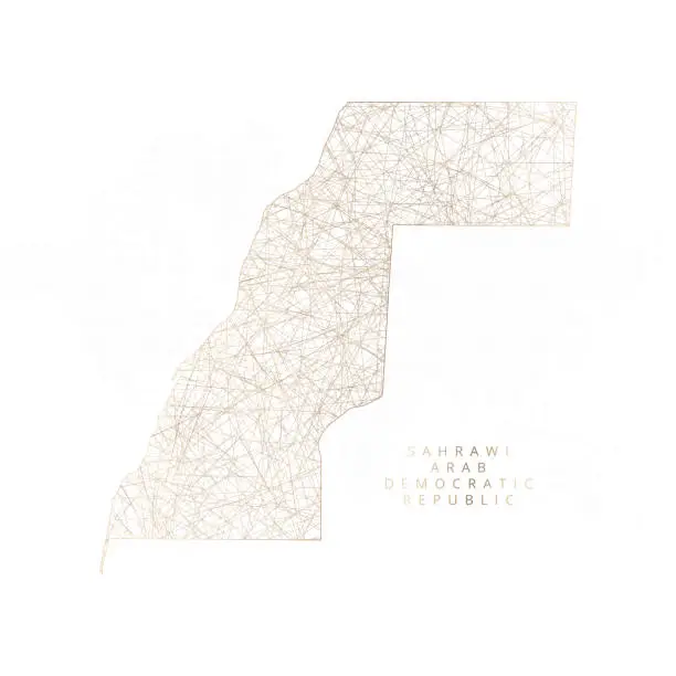 Vector illustration of Low poly map of Sahrawi Arab Democratic Republic or Western Sahara. Gold polygonal wireframe. Glittering vector with gold particles on white background