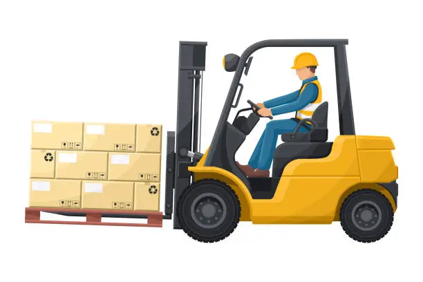 Vector illustration of Industrial worker carefully driving a forklift. Yellow lift truck transporting a box packing pallet to a warehouse. Industrial storage and distribution of products. Industrial Safety