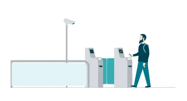 Vector illustration of Bearded man character passing through a check in boarding pass code reading machine control in an airport. Colorful flat style vector illustration.