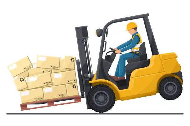 Vector illustration of Dangers of driving a forklift. Industrial worker in an accident with boxes falling on the fork lift truck. Work accident in a warehouse. Security First. Industrial Safety and Occupational Health