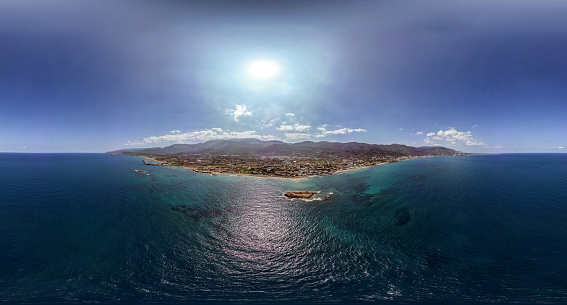 Panoramic aerial view at the coast and beach of Malia, Crete, Greece.