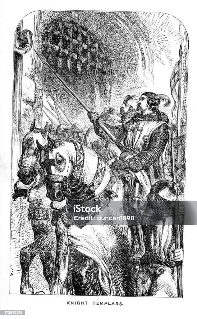 Knight Templars Vintage engraving showing Knight Templars.   Also know as The Poor Fellow-Soldiers of Christ and of the Temple of Solomon, or the Order of the Temple. They were were among the most famous of the Western Christian military orders. The organization existed for approximately two centuries in the Middle Ages. Knights Templar stock illustration
