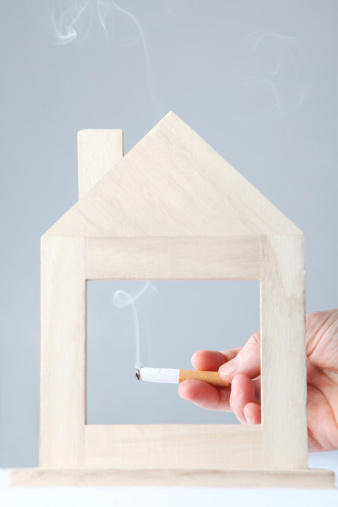 hand is holding a smoking cigarette behind a frame of a house