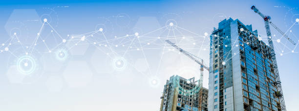 istock Construction technology banner background. Construction site with cranes, fittings and concrete. 1738925192