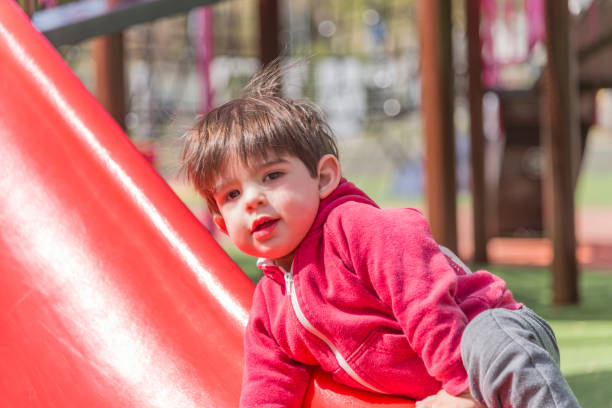 istock Little boy climbing the slide while having fun playing at the playground. 1738926235
