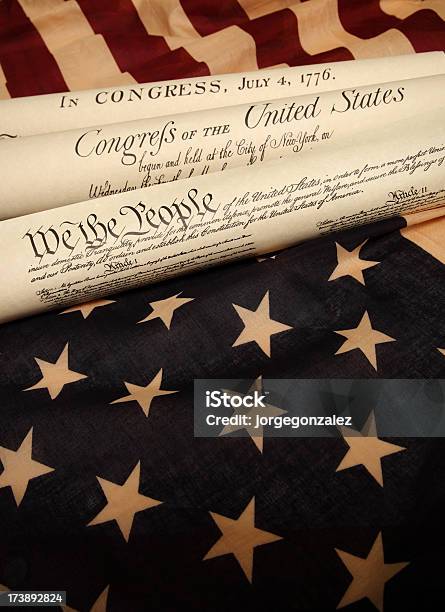 Documents Of America History And Us Flag Stock Photo - Download Image Now - USA, American Flag, American Culture