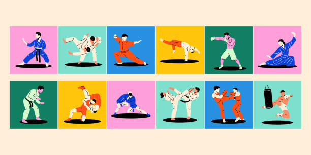 ilustrações, clipart, desenhos animados e ícones de conceito de cores de arte marcial. - martial arts child judo computer graphic