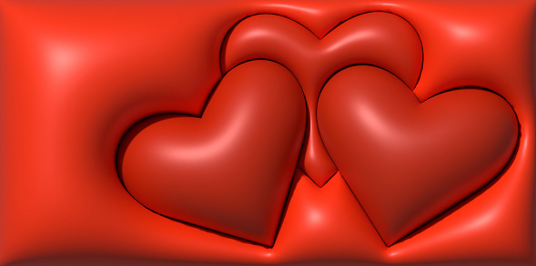 Three red inflated hearts on a red background, 3D rendering illustration