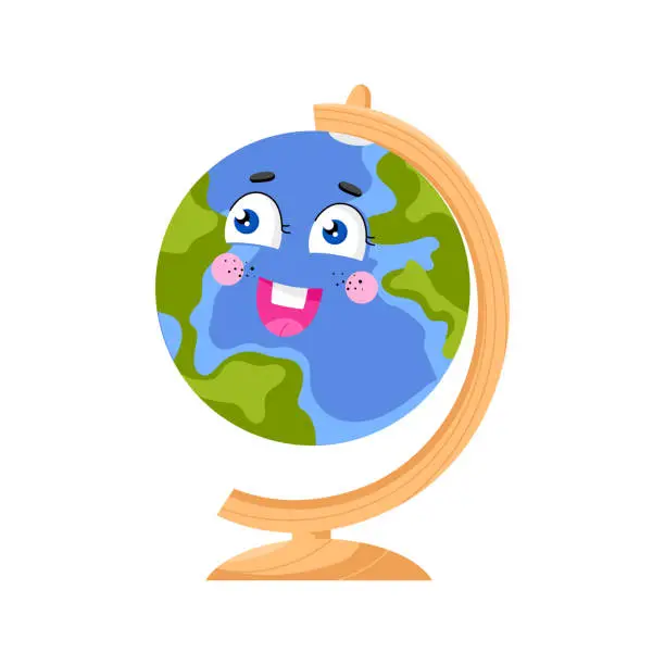 Vector illustration of Funny Earth globe with continents and oceans. Colored flat vector illustration for kids isolated on white background