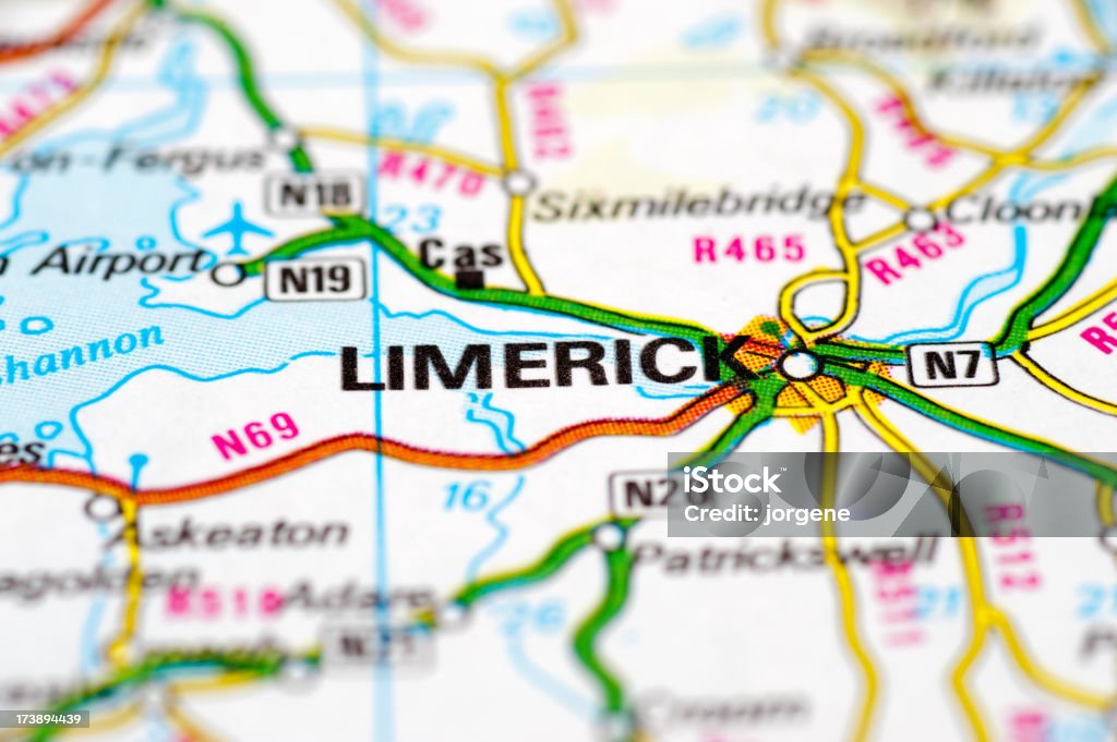 Limerick, Ireland "Map image of the city of Limerick, Ireland.Map images of European cities and other places.A close-up macro detail from an older map." County Limerick Stock Photo