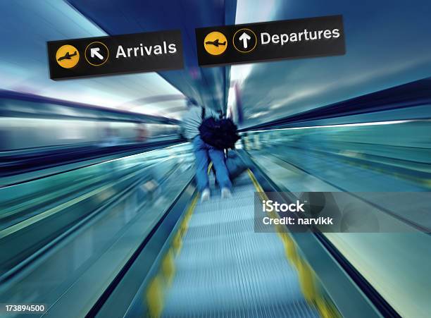 Person Going Up On Escalator At The Airport Stock Photo - Download Image Now - Activity, Airport, Arrival