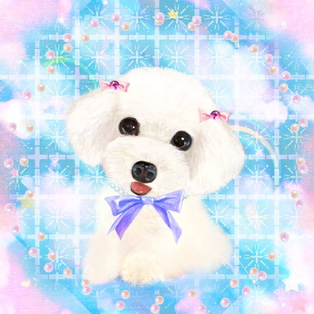 мечта милый голубое небо фон бесшовный узор иллюстрация с белым игрушечным пуделем - dog mixed breed dog puppy white background stock illustrations