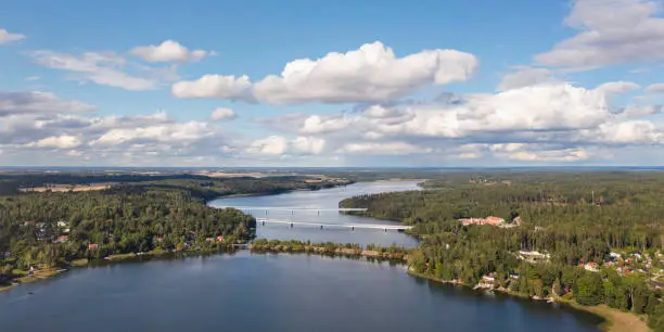 An inlet of Lake Mälaren with three bridges, in the Uppland region of Sweden.