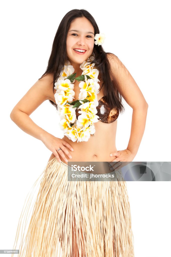 Island Girl "Attractive young woman in grass skirt, cocount bra and plumeria lei." 20-29 Years Stock Photo