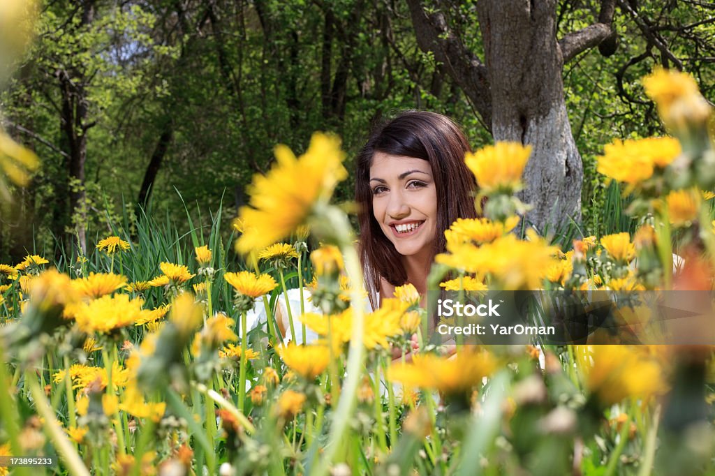portrait of a smiling woman among the dandelions Adolescence Stock Photo
