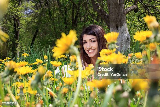 Portrait Of A Smiling Woman Among The Dandelions Stock Photo - Download Image Now - Adolescence, Adult, Adults Only
