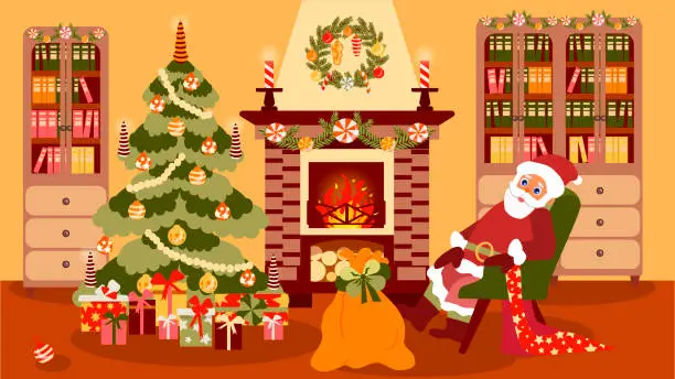 Vector illustration of Santa Claus is sitting on an armchair in a cosy living room with a fireplace, bookcases and a Christmas tree, Festive Christmas illustration in a flat style. Winter holiday interior decorations