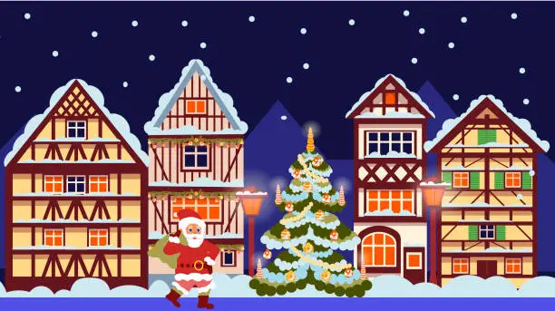 Vector illustration of Santa Claus walks through a snowy European city with old Timber houses and a decorated Christmas tree, a festive Christmas illustration in a flat style, a greeting card for winter holidays.
