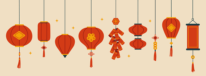 Collection of Chinese hanging lanterns. Decorations for the Chinese New Year. Vector flat illustration.