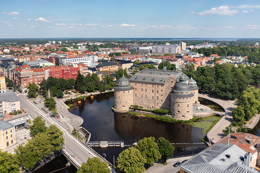 Aerial view of Örebro Castle (Örebro Slott) with origins from the 13th century in central Örebro, Sweden.