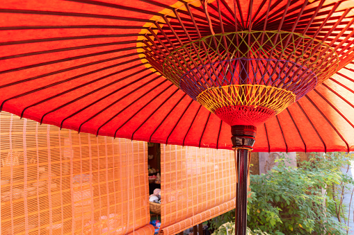 Details of a red traditional umbrella in Bagan, Myanmar.