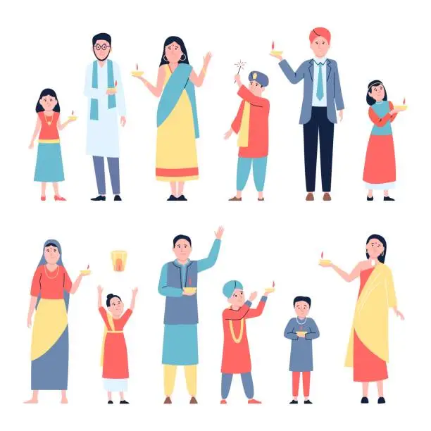 Vector illustration of Diwali family characters with fireworks and fire. Man, woman and children enjoying festival, wear traditional clothes. Flat asian recent vector characters