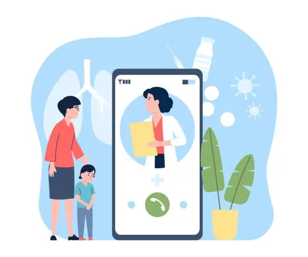 Vector illustration of Online pediatrician service. Children healthcare, digital clinic. Mother with sad child consulting with doctor on smartphone screen, recent vector scene