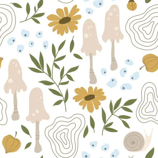 Vector illustration of Floral pattern with mushrooms