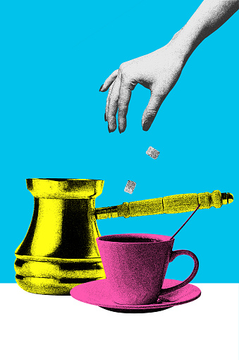 Woman putting sugar into cup with freshly made, delicious black coffee. Coffee break. Turkish cezve coffee. Colorful design. Concept of food and drink, creativity, taste, breakfast. Poster, ad