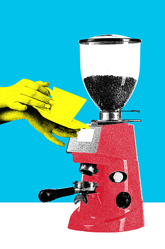 Female hand with coffee cup. Woman preparing coffee, espresso with coffee machine over blue background. Cafe. Colorful design. Concept of food and drink, creativity, taste, breakfast. Poster, ad