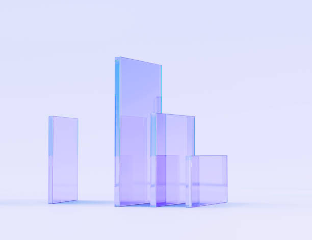 Glass square and rectangle plates on abstract purple background 3d render. Transparent clear rainbow rectangular shapes, geometric gradient panels with light refraction prism crystal