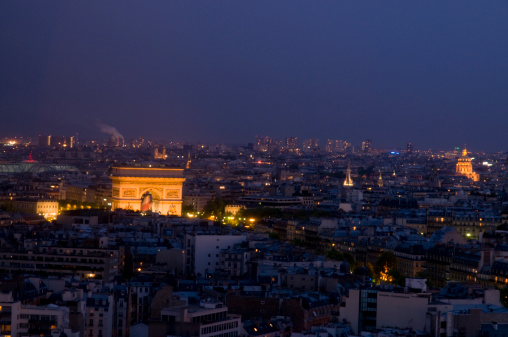 Paris skyline at dusk featuring the arc de triumf
