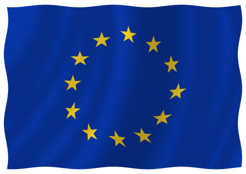Flag of European Union  waving with highly detailed textile texture pattern