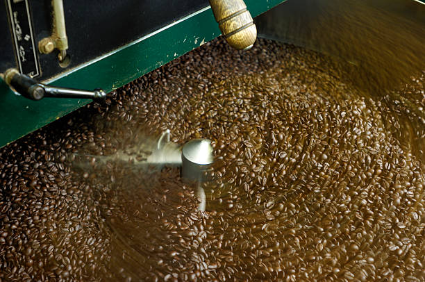 granos de café recién tostado de que s'enfría - roasted machine bean mixing fotografías e imágenes de stock