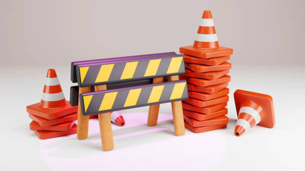 istock 3D rendering of road barrier with traffic cone, under construction icon, warning and stop sign, road construction, Caution sign concept 1738985061